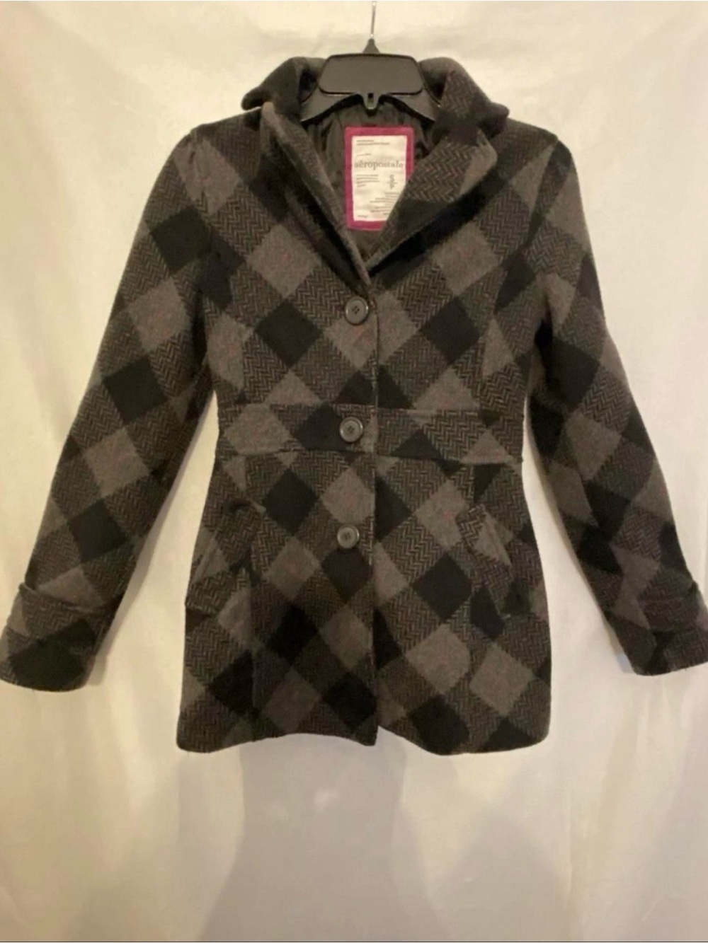 Aeropostale Girls' Black & Gray Plaid Hooded Pea Coat